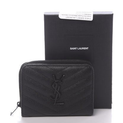 Saint Laurent Grain De Poudre Matelasse Chevron Monogram Compact Zip Around Wallet Black 15 of 15
