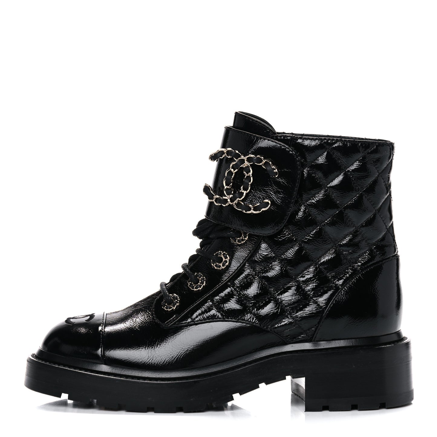Shiny Calfskin Quilted Lace Up Combat Boots 37 Black