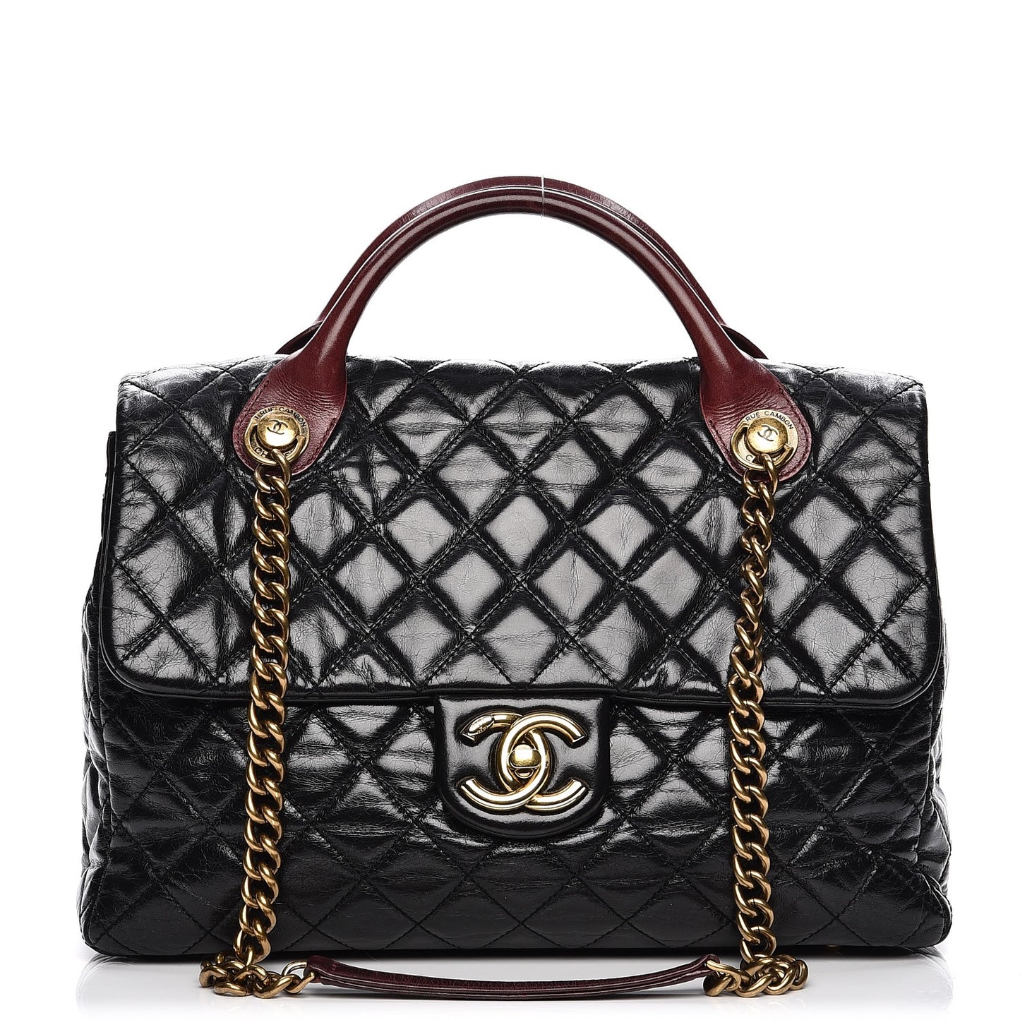 Glazed Calfskin Castle Rock Large Flap Black Burgundy