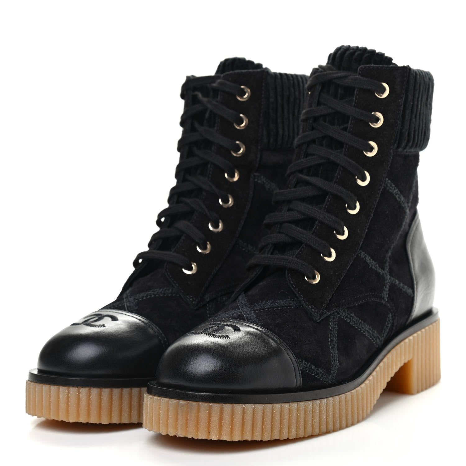 Chanel Suede Calfskin Velvet Quilted CC Combat Boots 37.5 Black 3 of 9