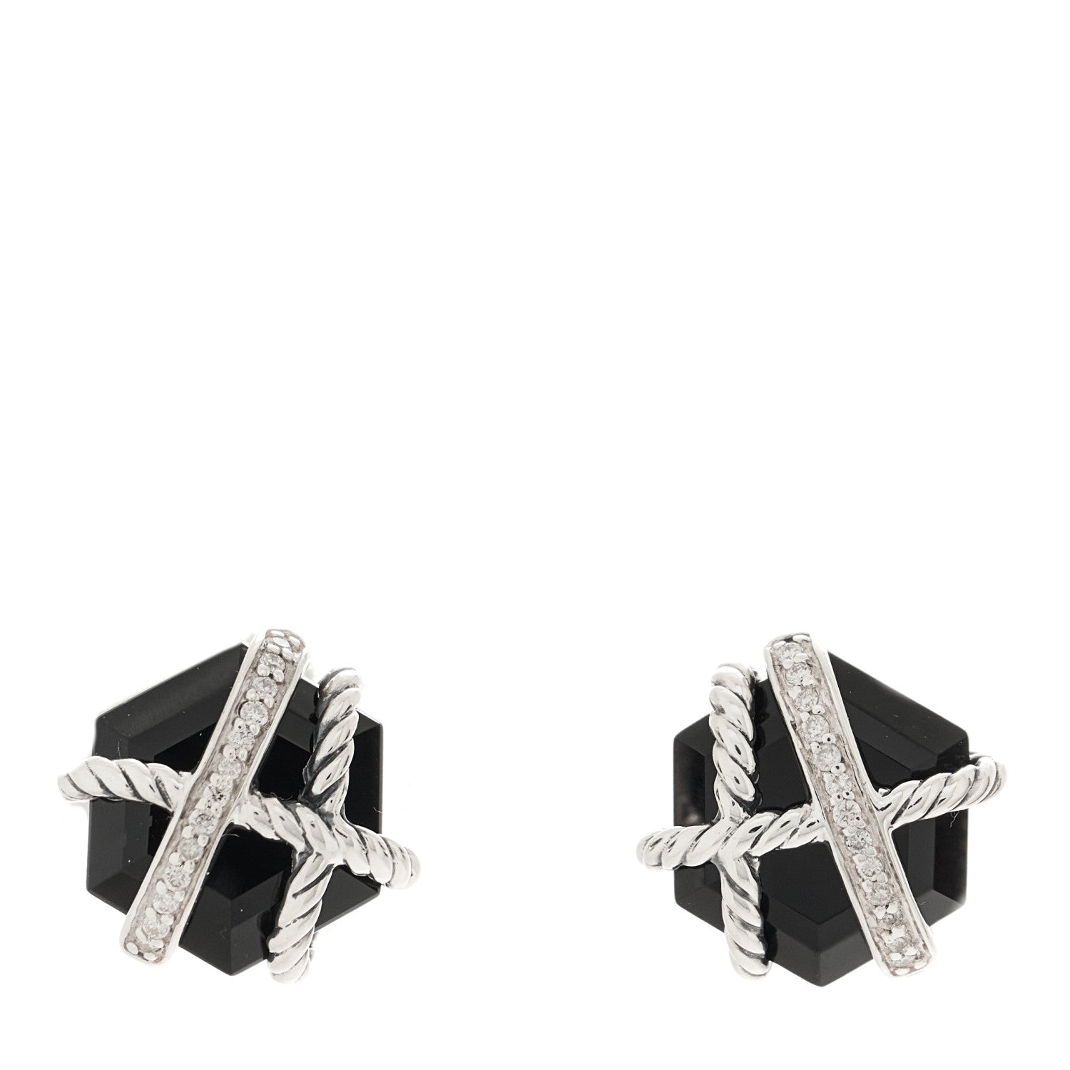 David Yurman Sterling Silver Diamond Black Onyx 11mm Cable Wrap Earrings 1 of 4