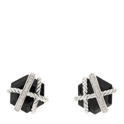 David Yurman Sterling Silver Diamond Black Onyx 11mm Cable Wrap Earrings 1 of 4