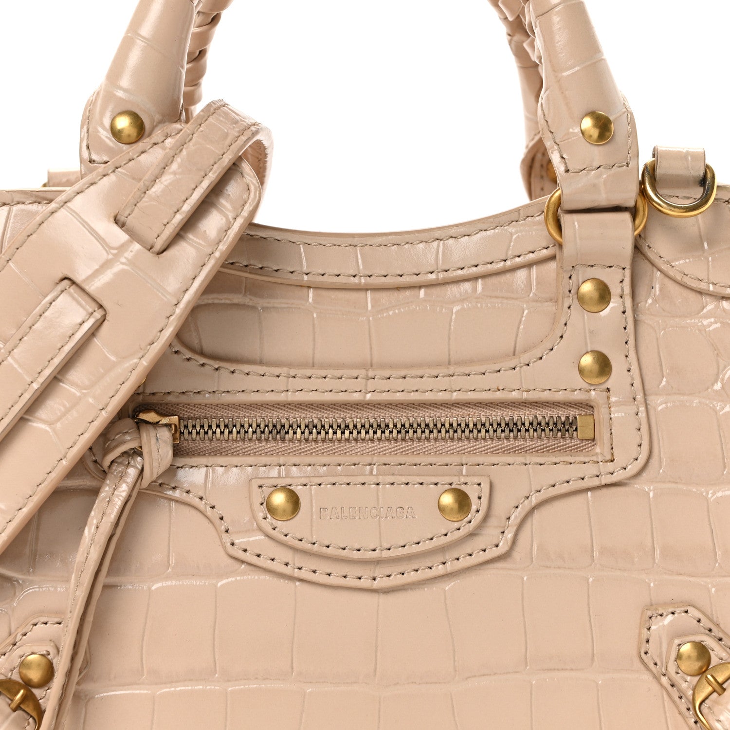 Balenciaga Shiny Supple Calfskin Crocodile Embossed Neo Classic Gold Hardware Mini City Light Beige 7 of 9
