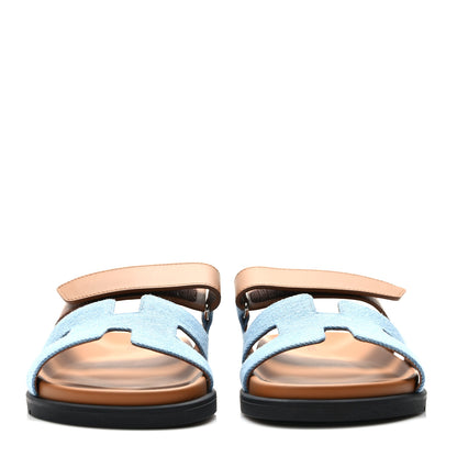 Hermes Denim Calfskin Womens Chypre Sandals 37.5 Bleu Clair Naturel 2 of 9