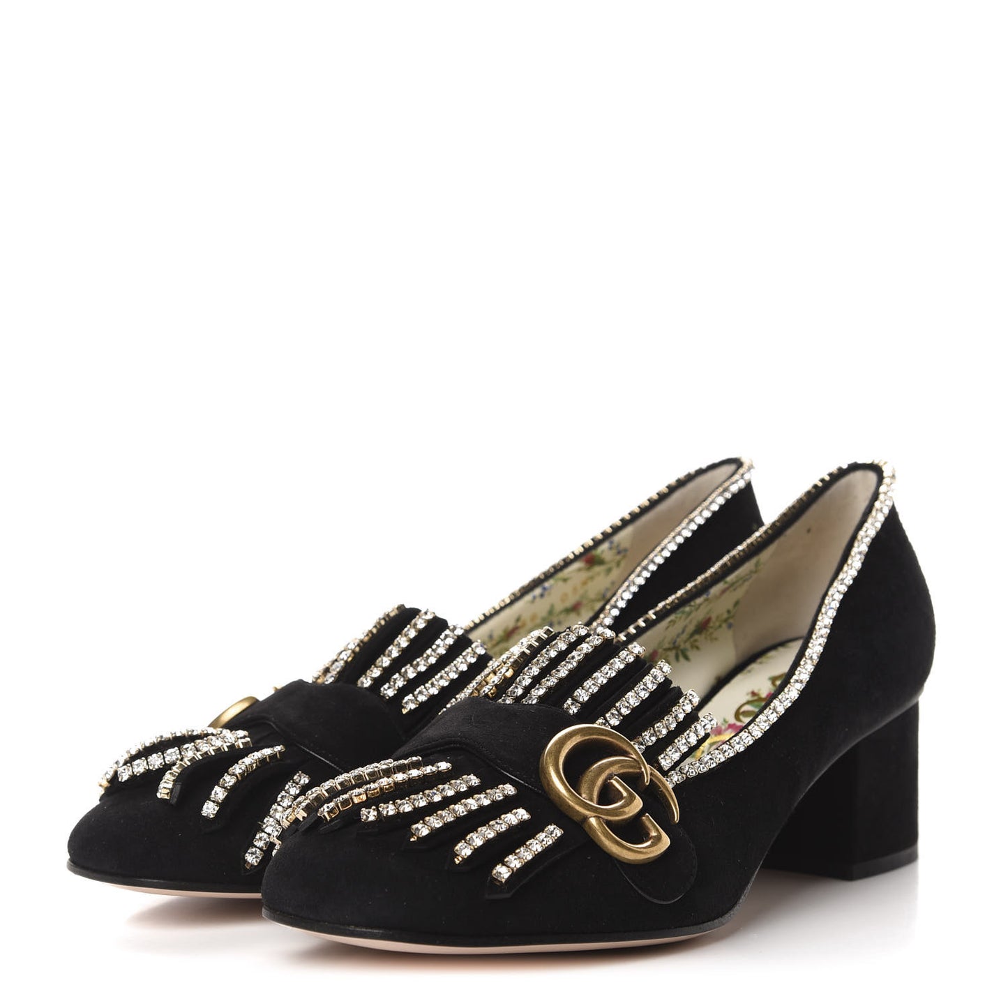 Kid Scamosciato Crystal GG Marmont Fringe 50mm Loafer Pumps 38 Black