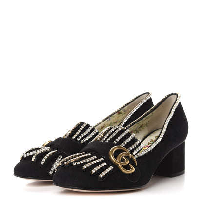 Gucci Kid Scamosciato Crystal GG Marmont Fringe 50mm Loafer Pumps 38 Black 3 of 9