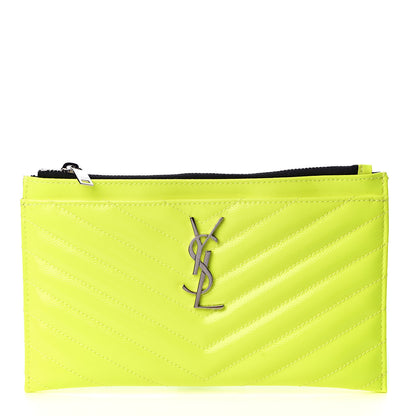Saint Laurent Patent Grain De Poudre Matelasse Chevron Monogram Bill Pouch Neon Yellow 1 of 11