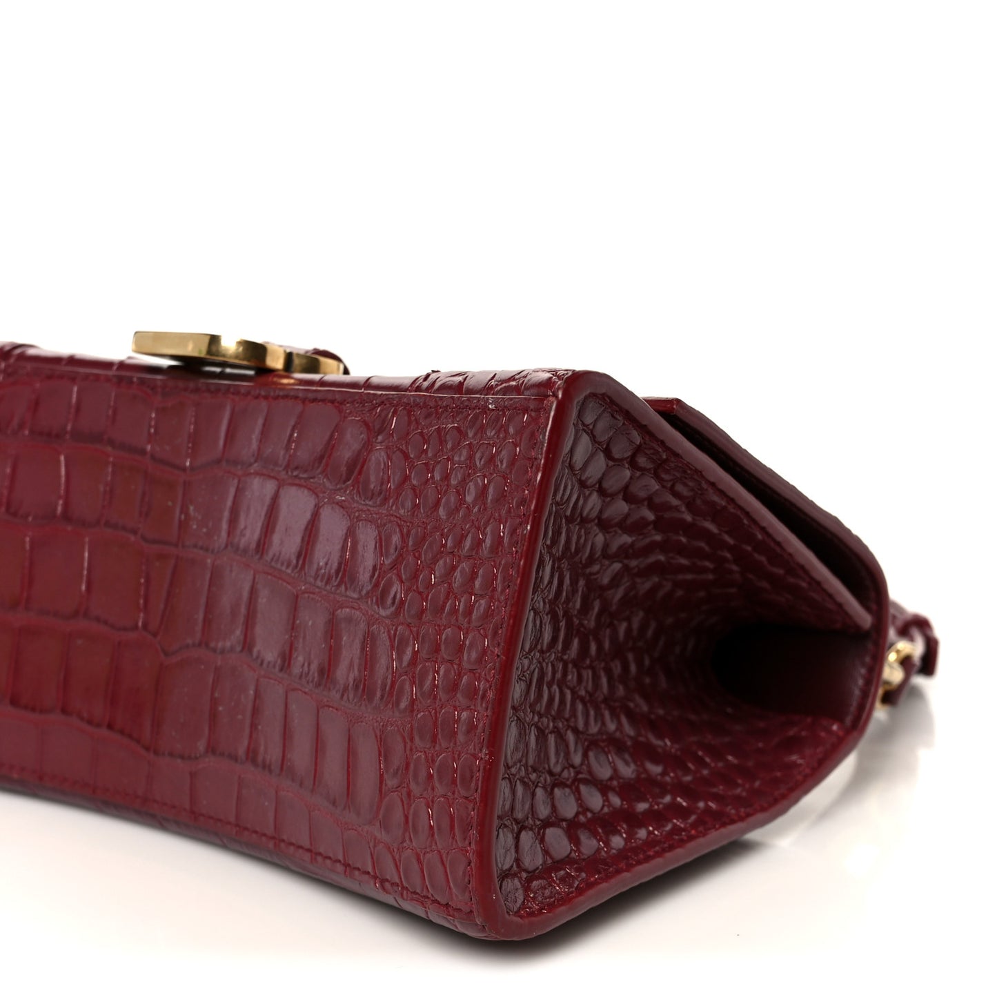 Shiny Calfskin Crocodile Embossed Small Hourglass Top Handle Bag Dark Red