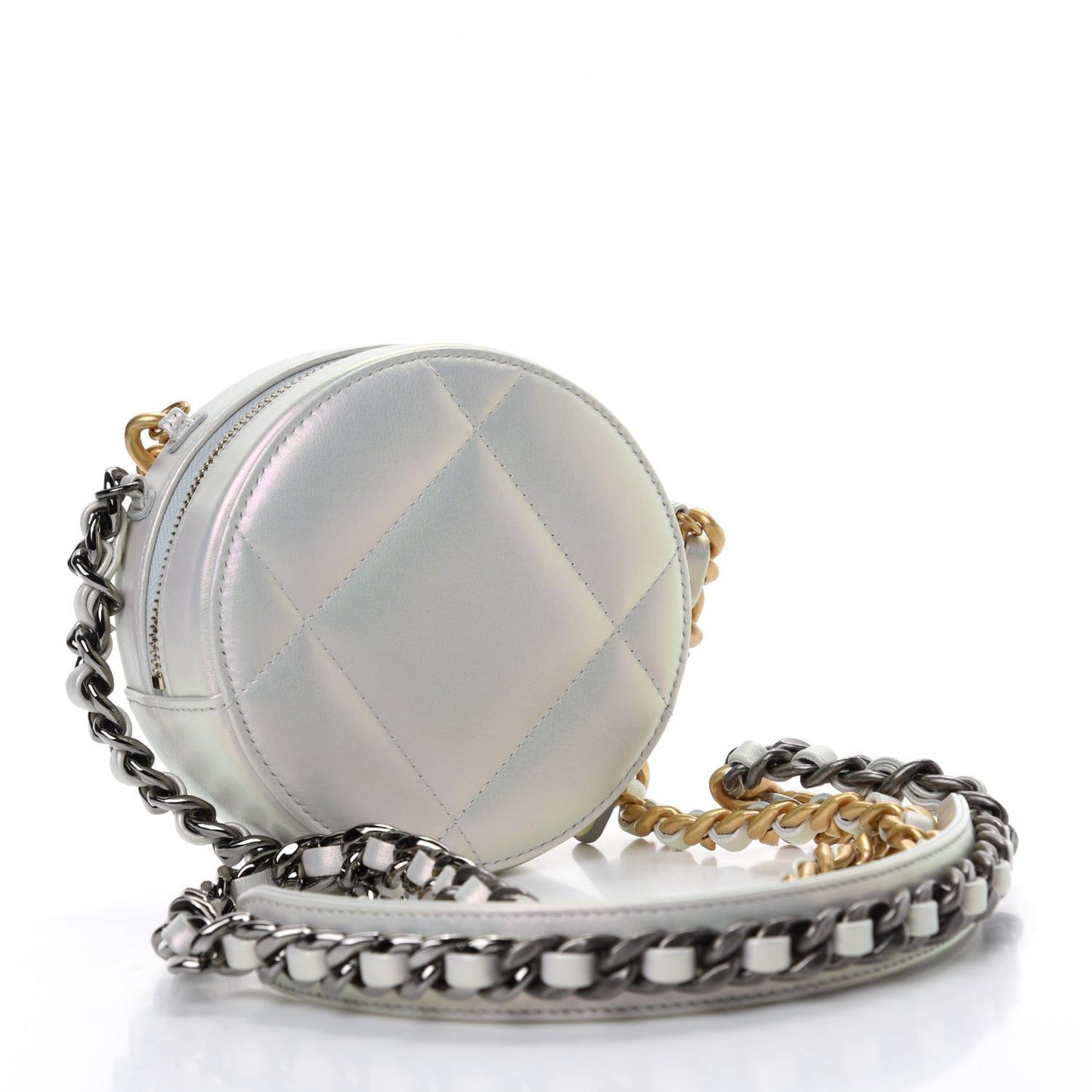 Iridescent Calfskin Quilted 19 Round Clutch With Chain White