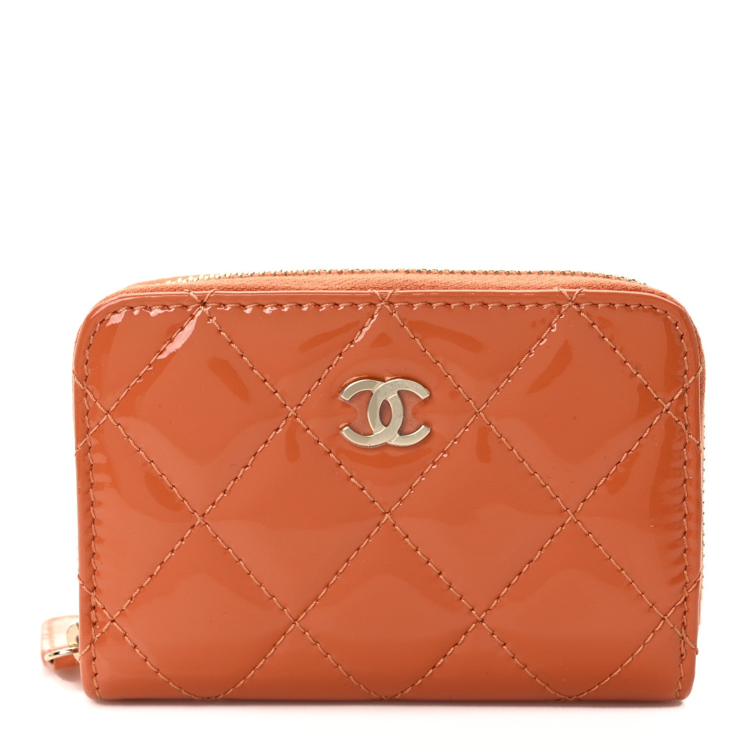 Chanel Patent Calfskin Quilted Zip Coin Purse Orange 1 of 9