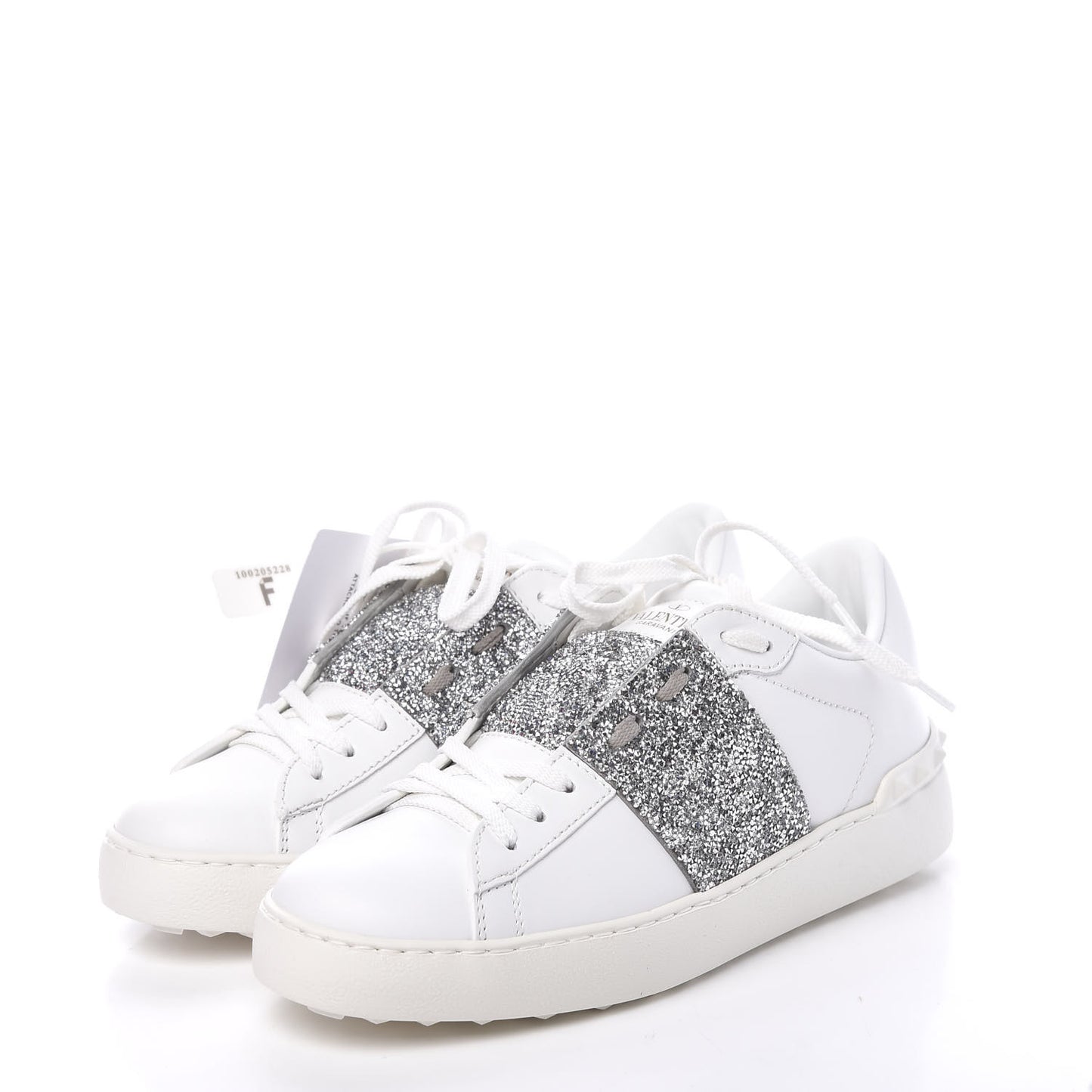 Calfskin Glitter Rockstud Open Sneakers 37.5 White Silver
