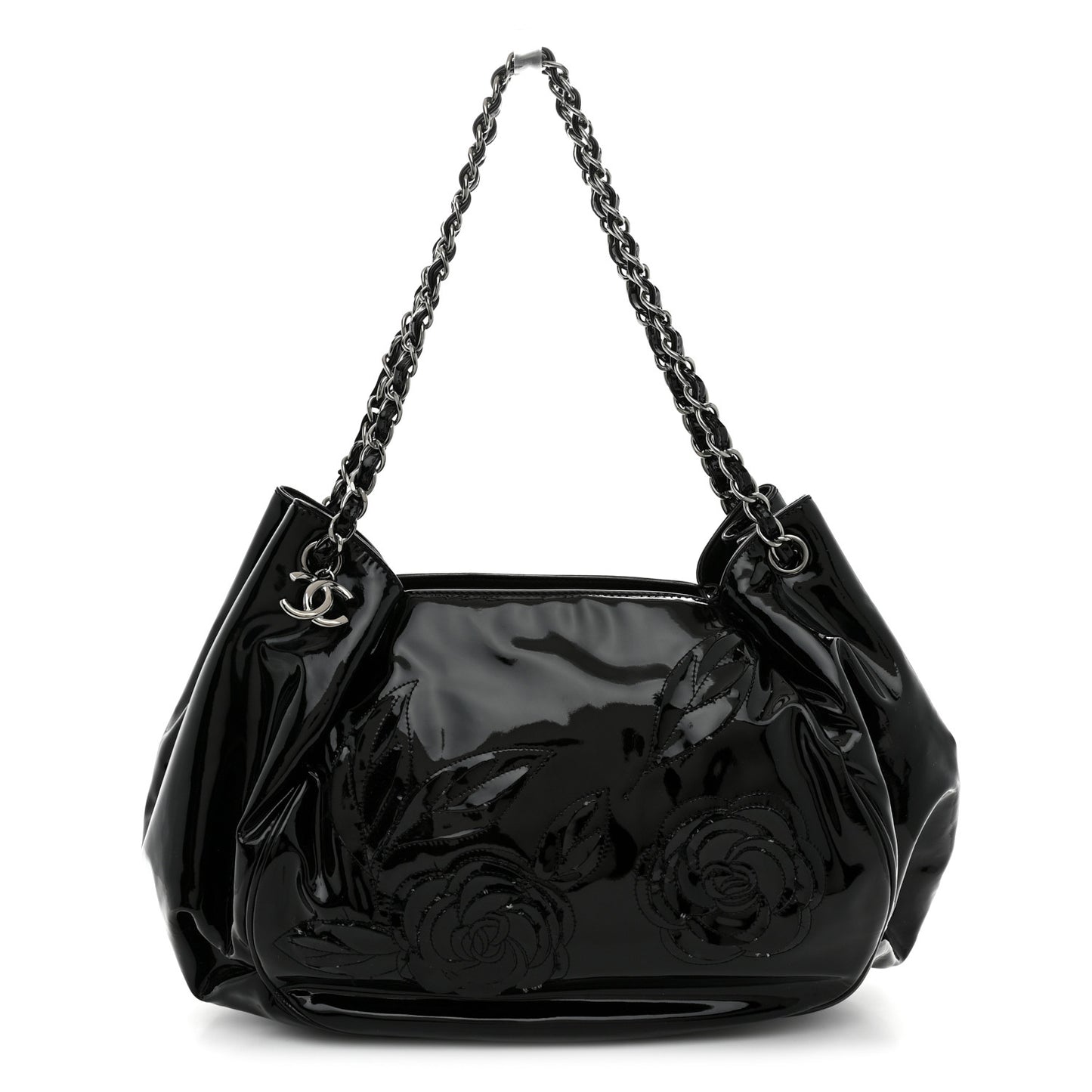 Patent Camellia Shoulder Bag Black