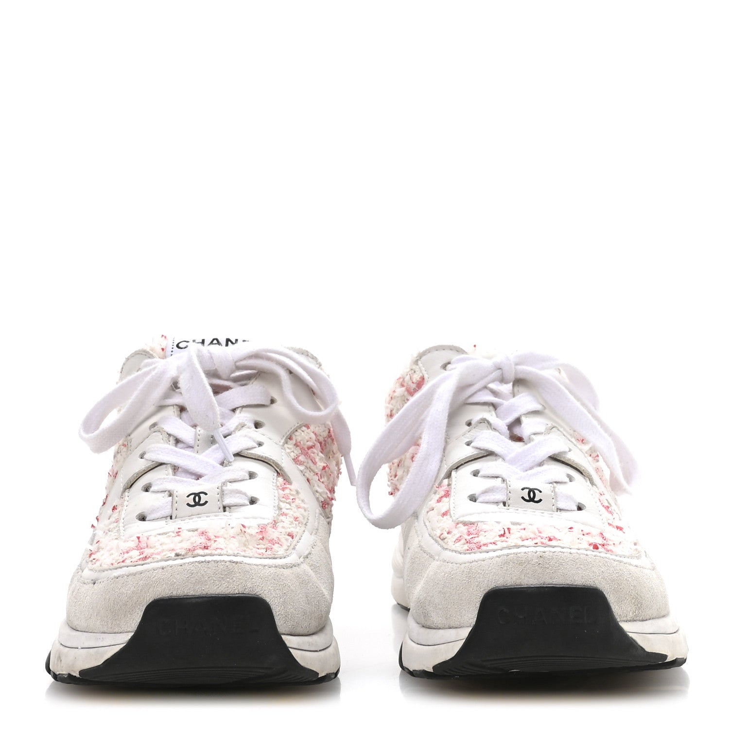 シャネル♡ Chanel Tweed Suede Calfskin Womens CC Sneakers 39.5 Ecru Pink Red