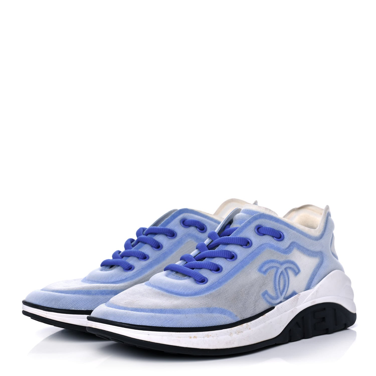 Chanel Calfskin Mesh Lyrca Womens Logo Sneakers 38 White Blue 3 of 7