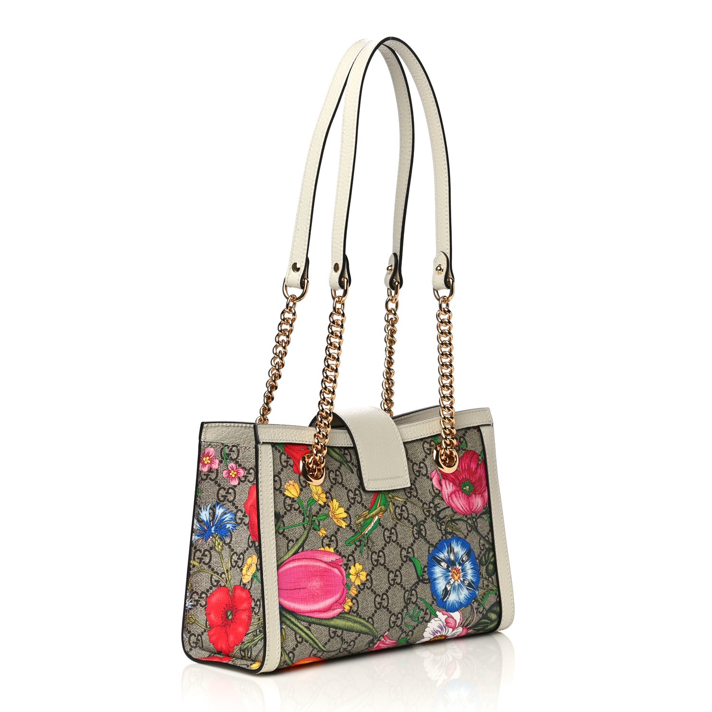 GG Supreme Monogram Flora Textured Calfskin Small Padlock Tote Beige Ebony Multicolor Mystic White