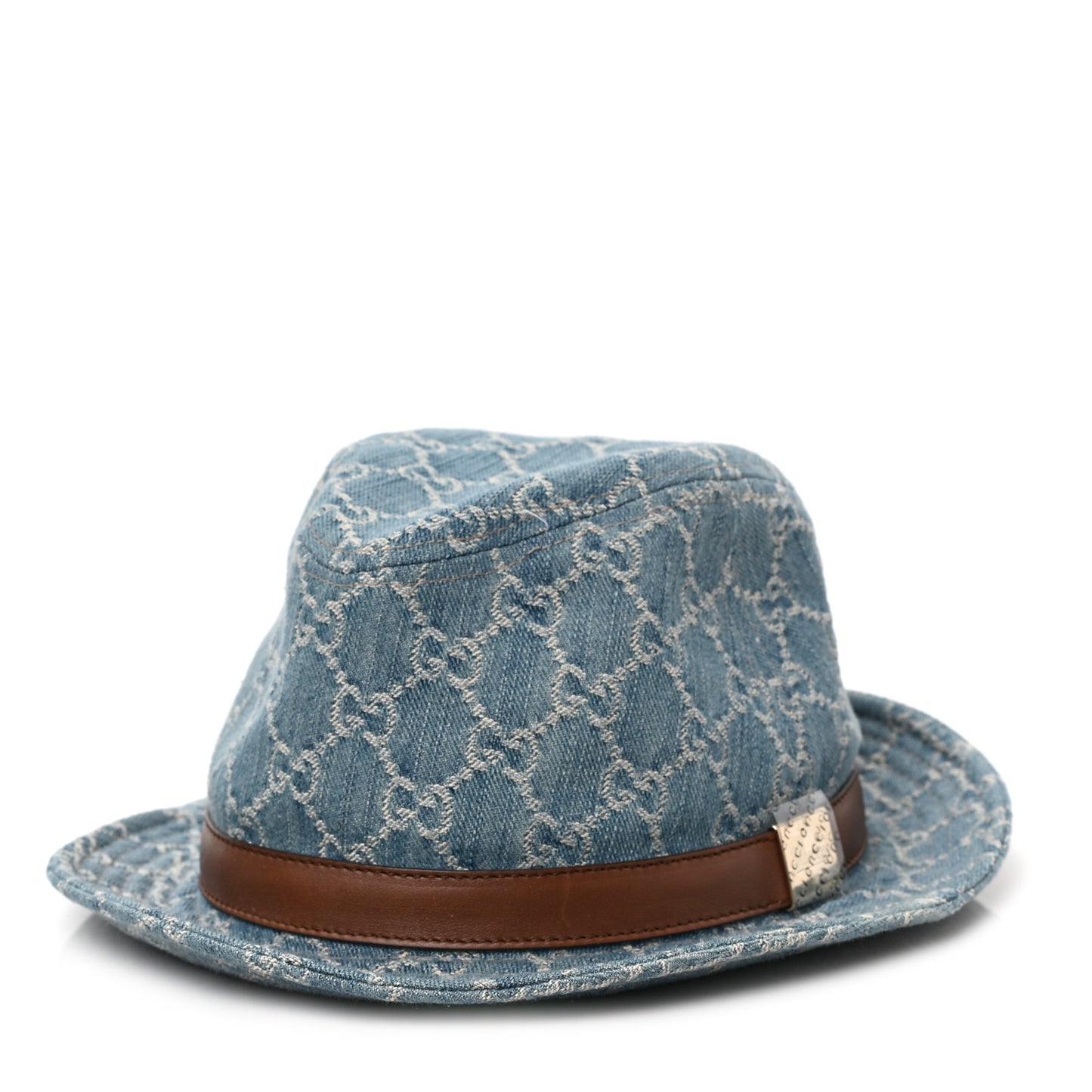 Washed Jacquard Denim Nappa GG Monogram Fedora Hat S Denim Cuir