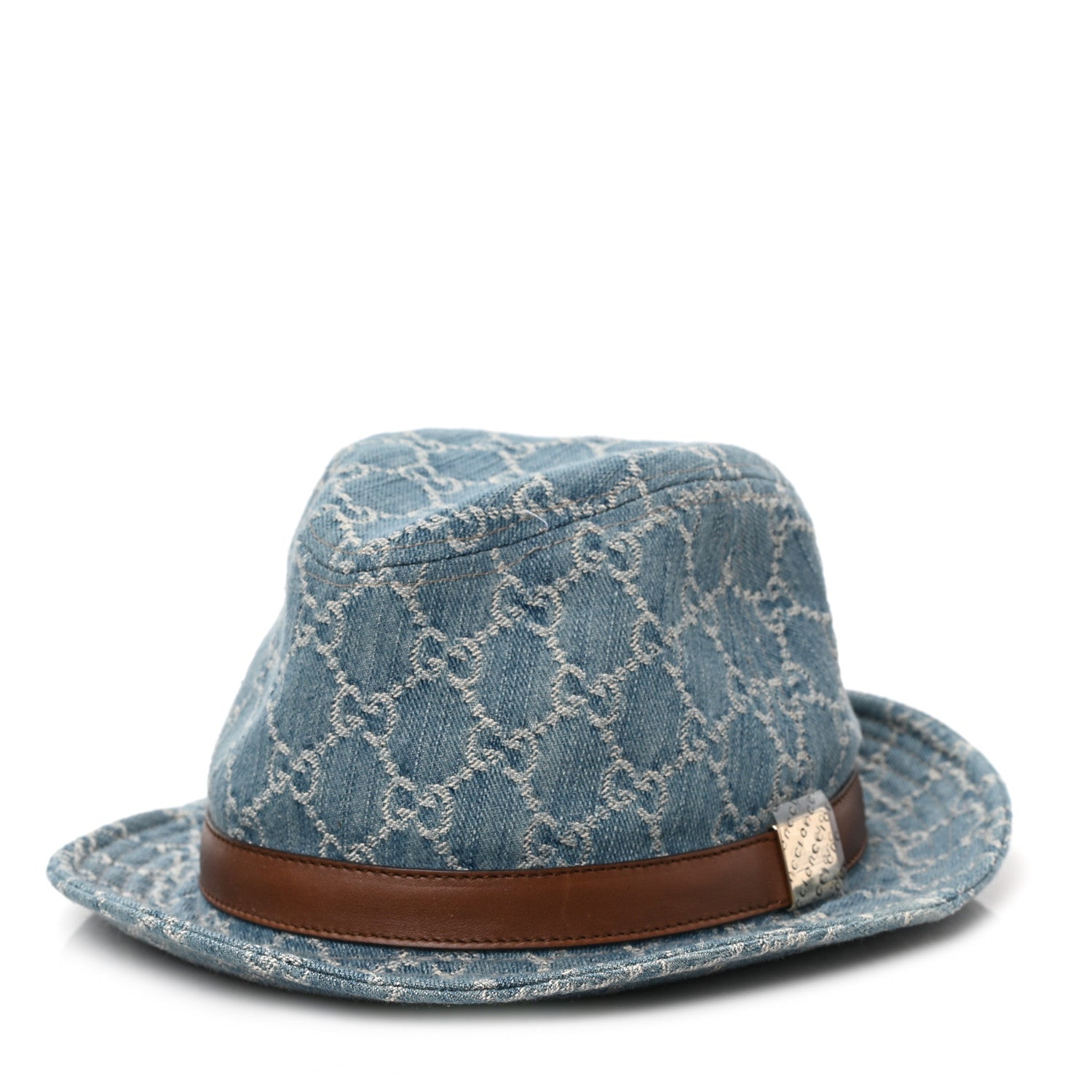 Gucci Washed Jacquard Denim Nappa GG Monogram Fedora Hat S Denim Cuir 1 of 8