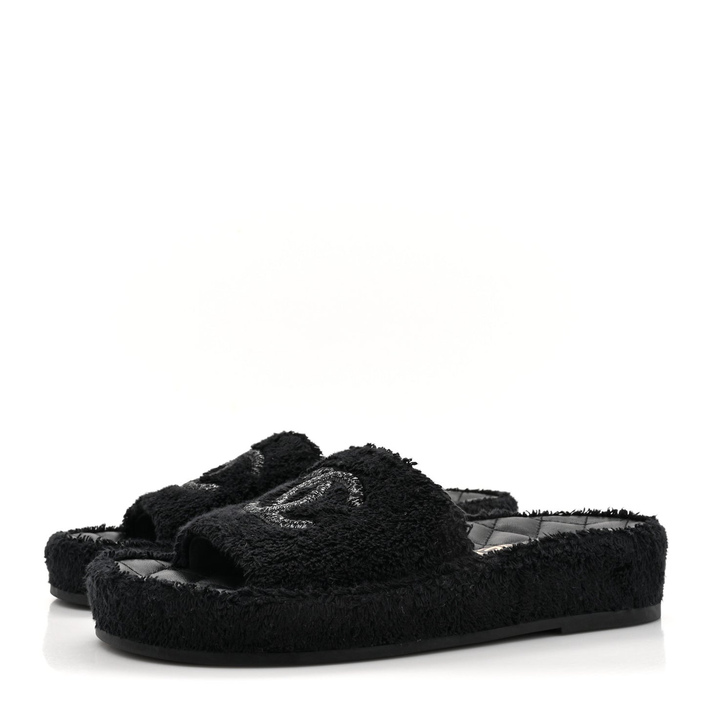 Terry Cloth Lambskin CC Sandals 36 Black