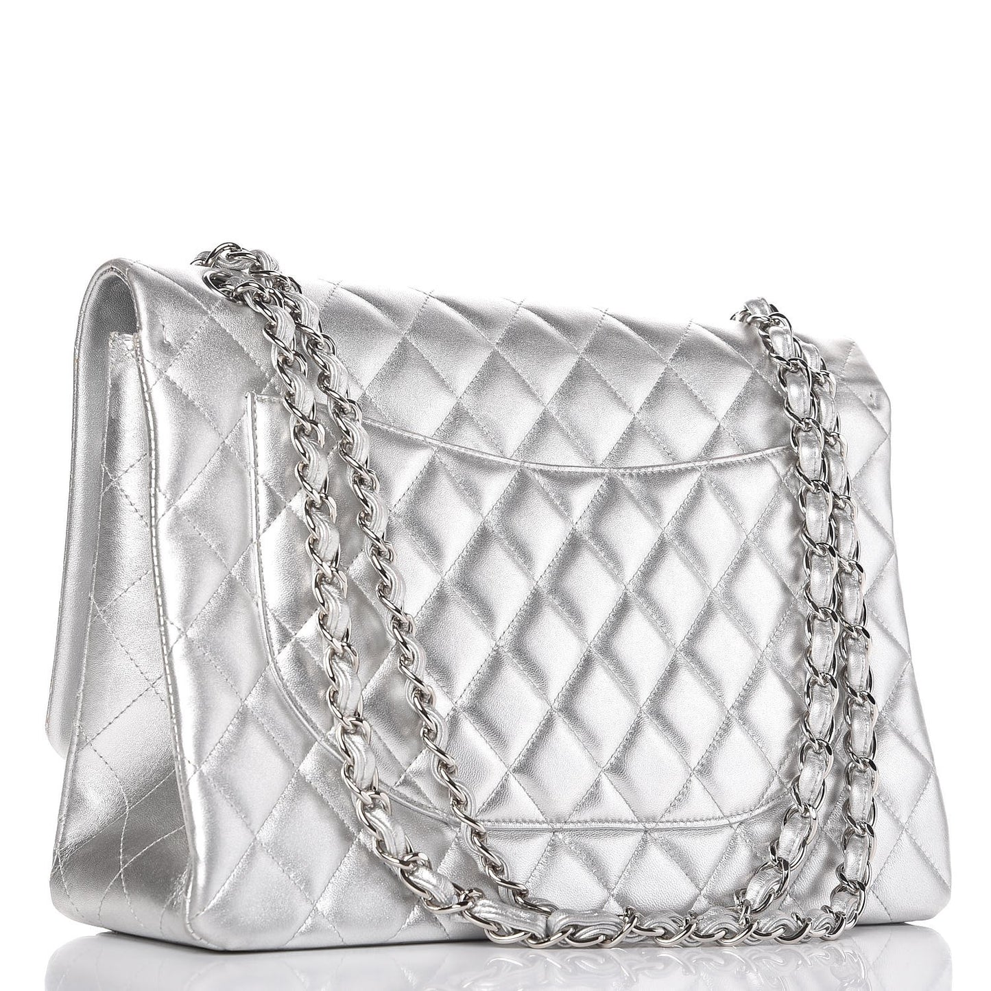 Metallic Lambskin Quilted Maxi Single Flap Silver