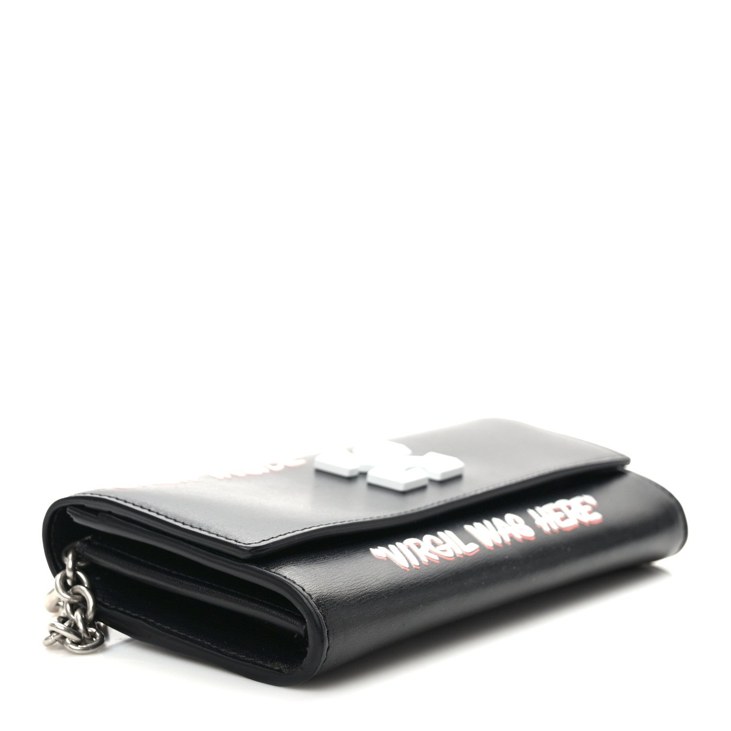 Off-White Calfskin Jitney Logo Flap Wallet On Chain Black 4 of 9