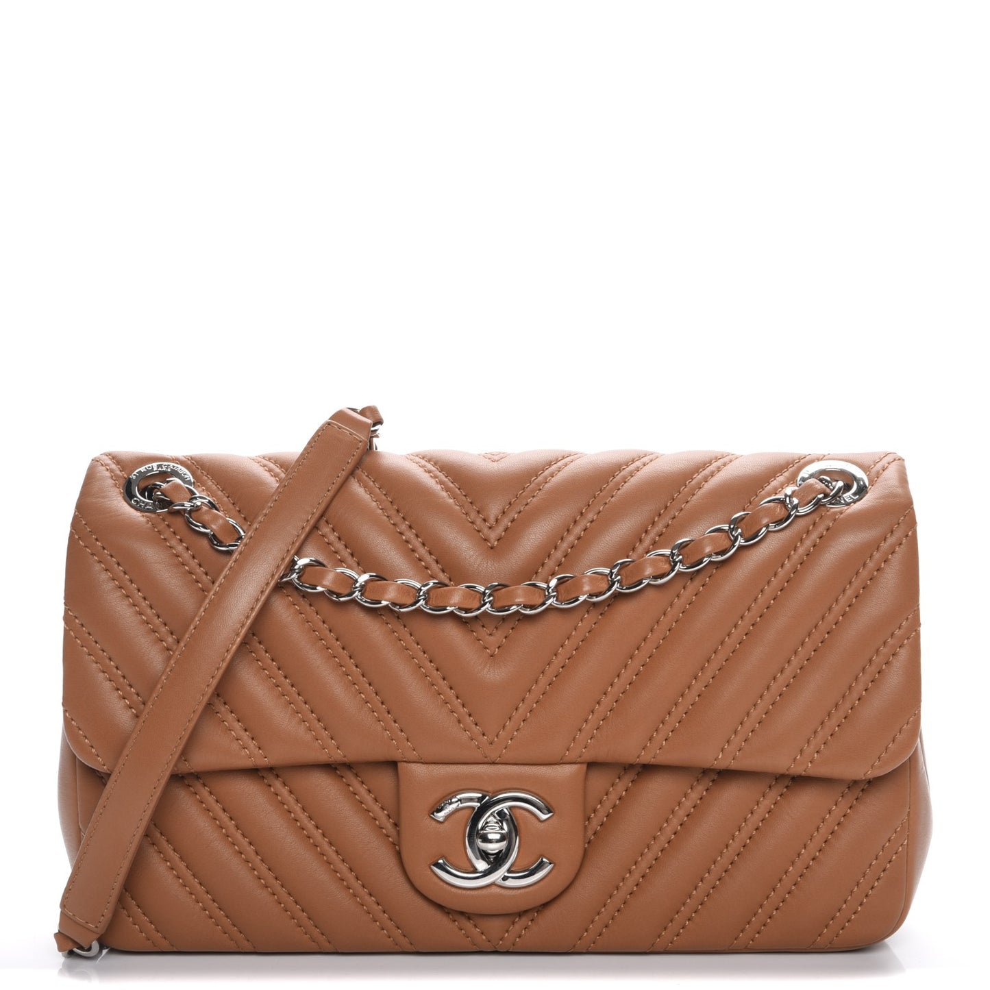 Lambskin Chevron Medium Single Flap Dark Beige