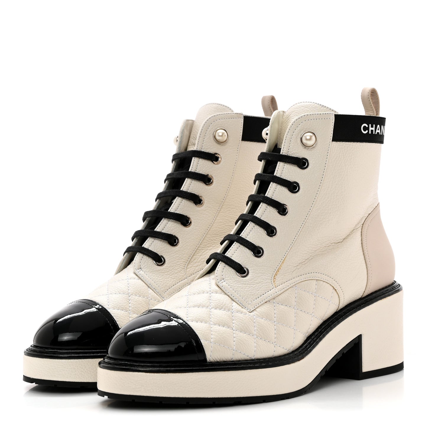 Pearly Calfskin Patent Calfskin Quilted Lace Up Boots 38.5 White Light Gray Black