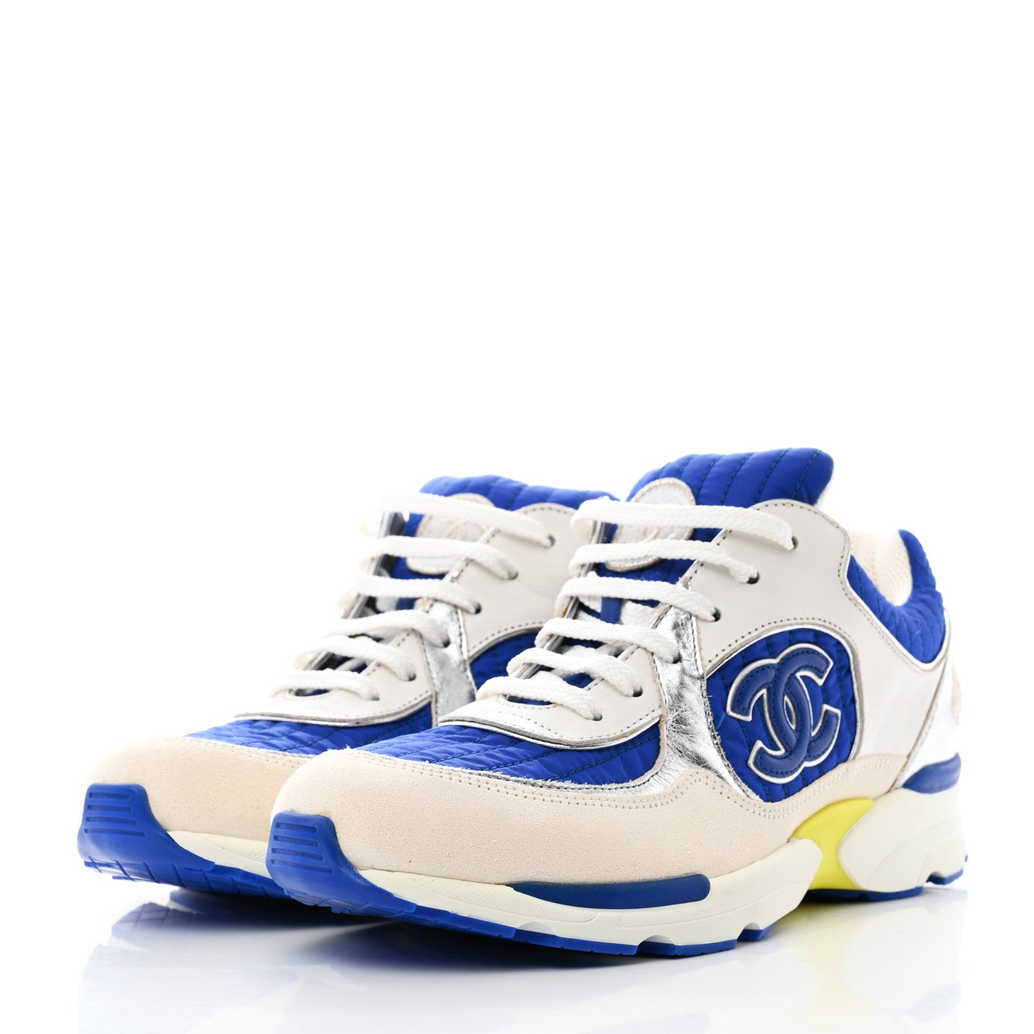 Chanel Suede Calfskin CC Sneakers 38 White Blue Yellow 3 of 9