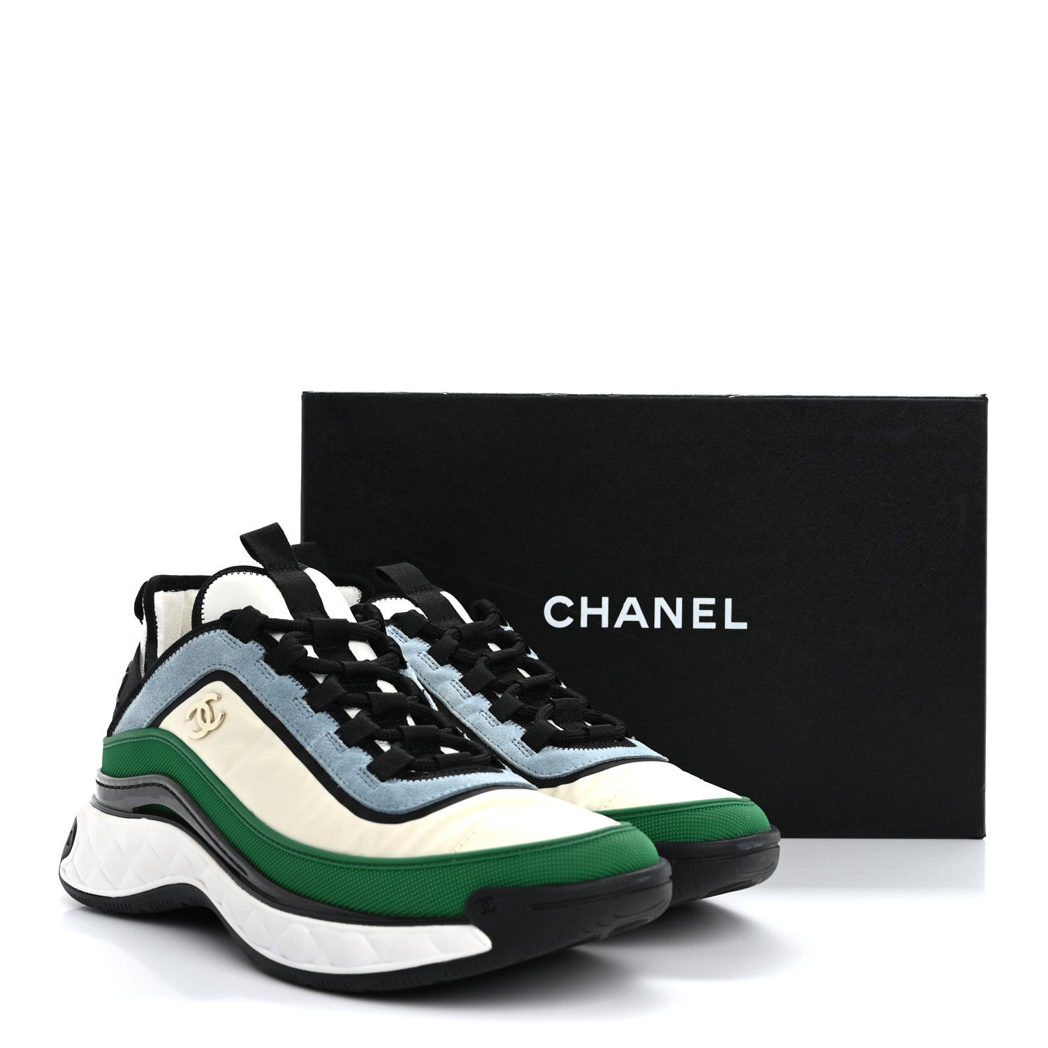 Chanel Suede Calfskin Mixed Fibers CC Sneakers 40 Ivory Green Light Blue 15 of 15