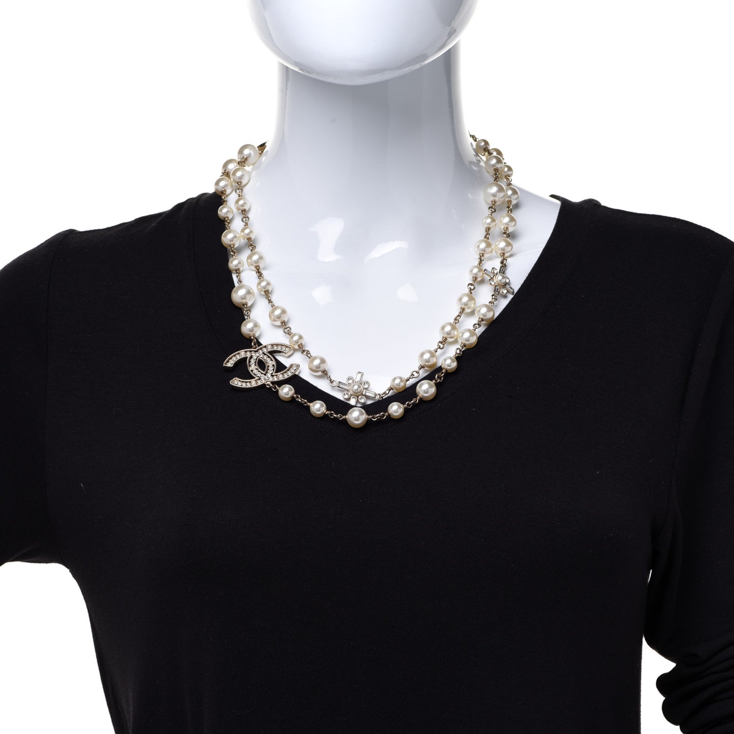 Crystal Baguette Pearl CC Necklace Gold