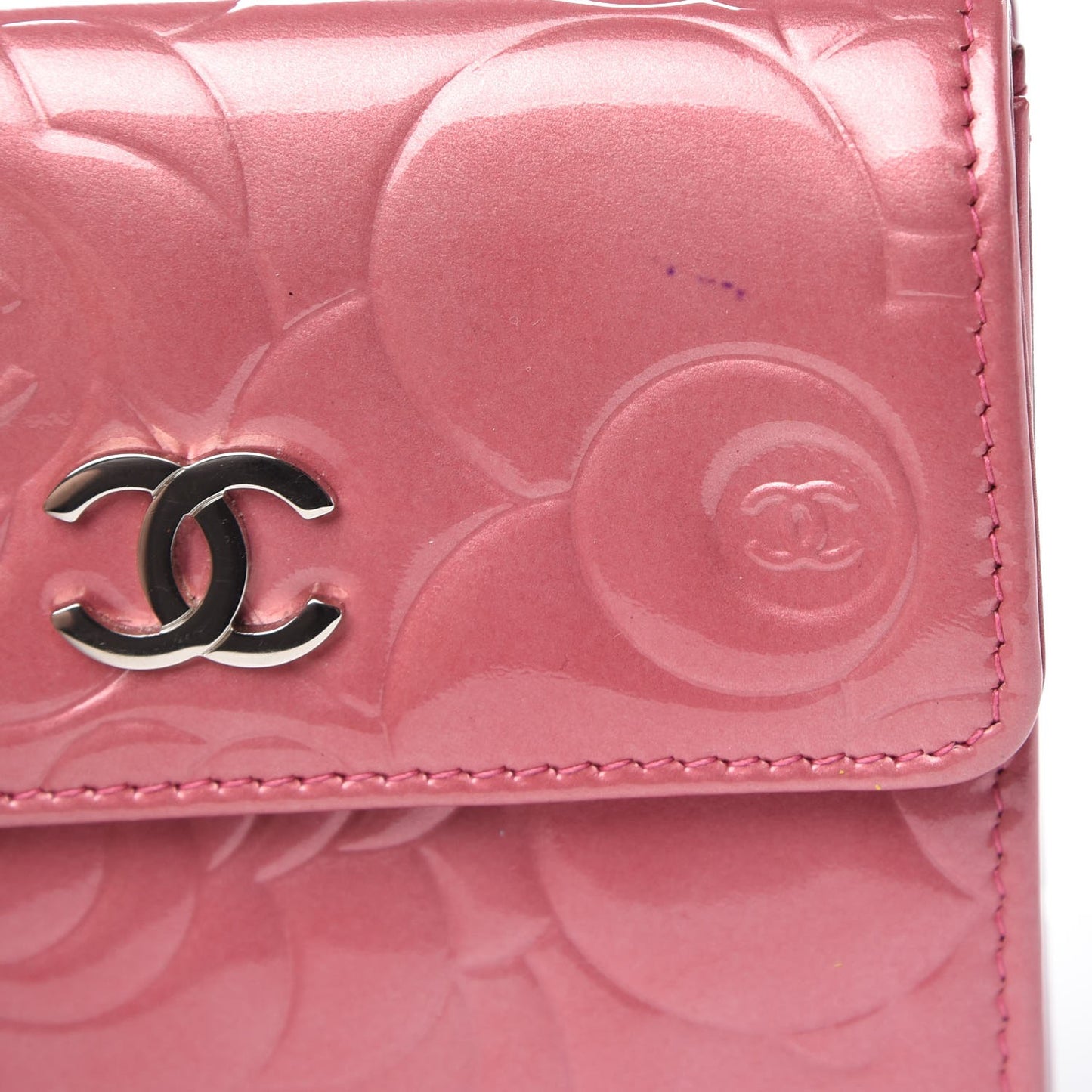 Patent Embossed Camellia French Wallet Pink