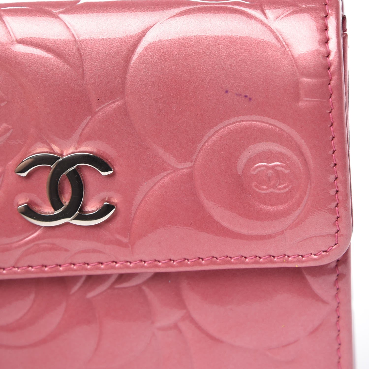 Chanel Patent Embossed Camellia French Wallet Pink 10 of 13