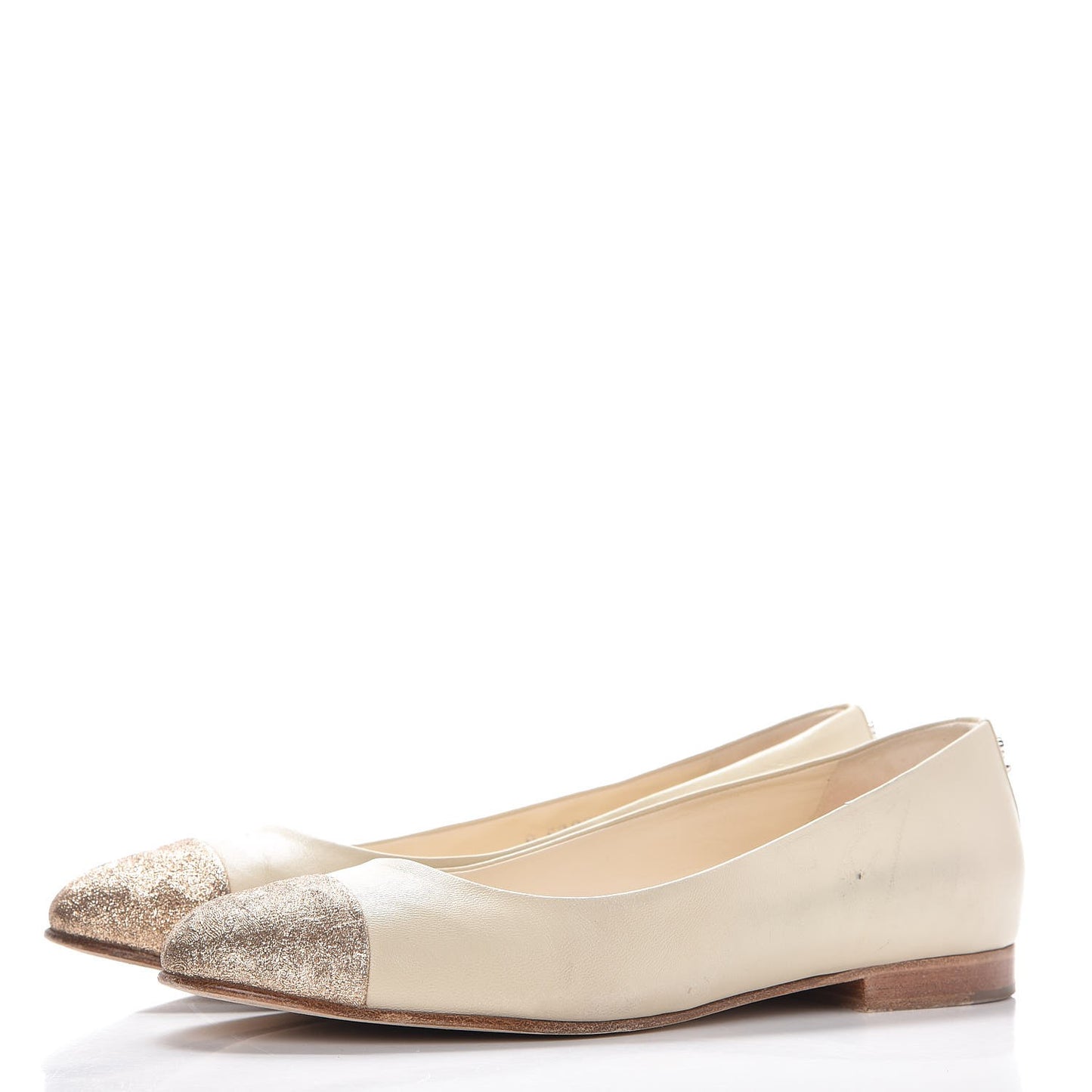 Lambskin Metallic Cap Toe Crystal CC Ballet Flats 38 Light Beige