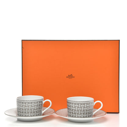 Hermes Porcelain Mosaique Au 24 Platine Tea Cup And Saucer Set Of 2 Platinum 7 of 7