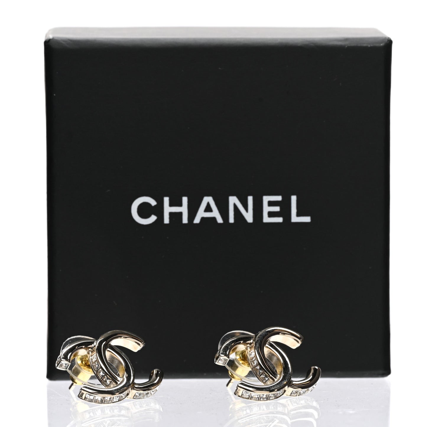 Metal Baguette Crystal CC Earrings Gold