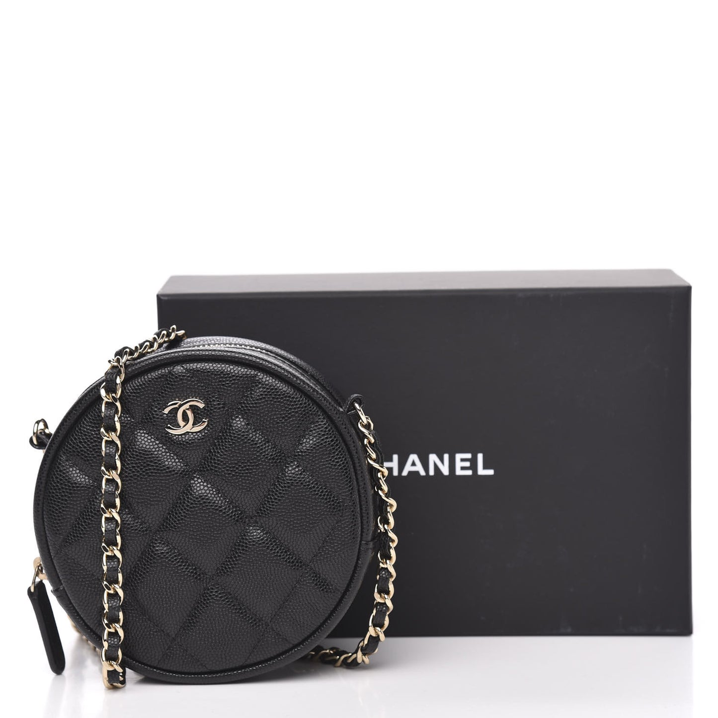 Caviar Quilted Round Clutch With Chain Black