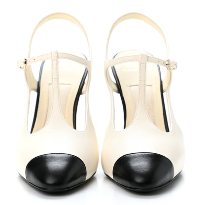 Chanel Lambskin Pearl Cap Toe CC Ankle Strap Pumps 39.5 Ivory Black 2 of 5