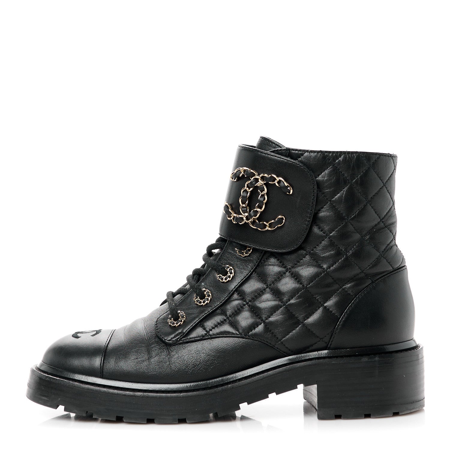 Chanel Shiny Lambskin Quilted Lace Up Combat Boots 39.5 Black 1 of 11