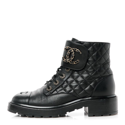 Chanel Shiny Lambskin Quilted Lace Up Combat Boots 39.5 Black 1 of 11