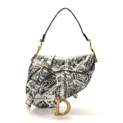 Christian Dior Calfskin Plan De Paris Printed Saddle Bag With Strap White Black 1 of 9