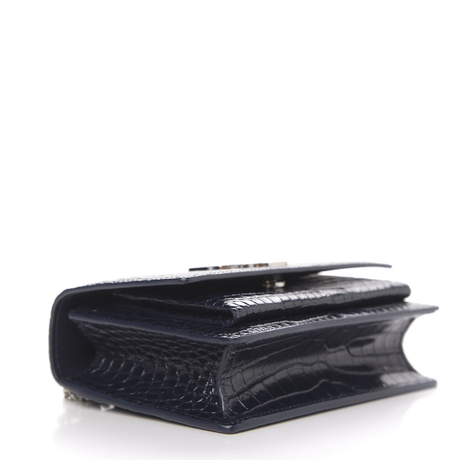 Saint Laurent Calfskin Crocodile Embossed Monogram Sunset Chain Wallet Navy 4 of 9