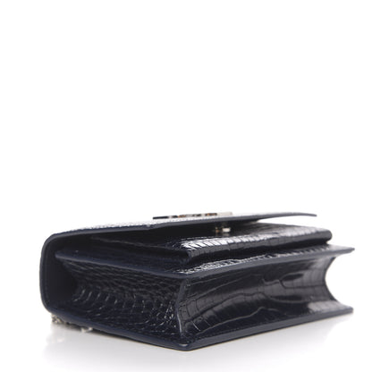 Saint Laurent Calfskin Crocodile Embossed Monogram Sunset Chain Wallet Navy 4 of 9