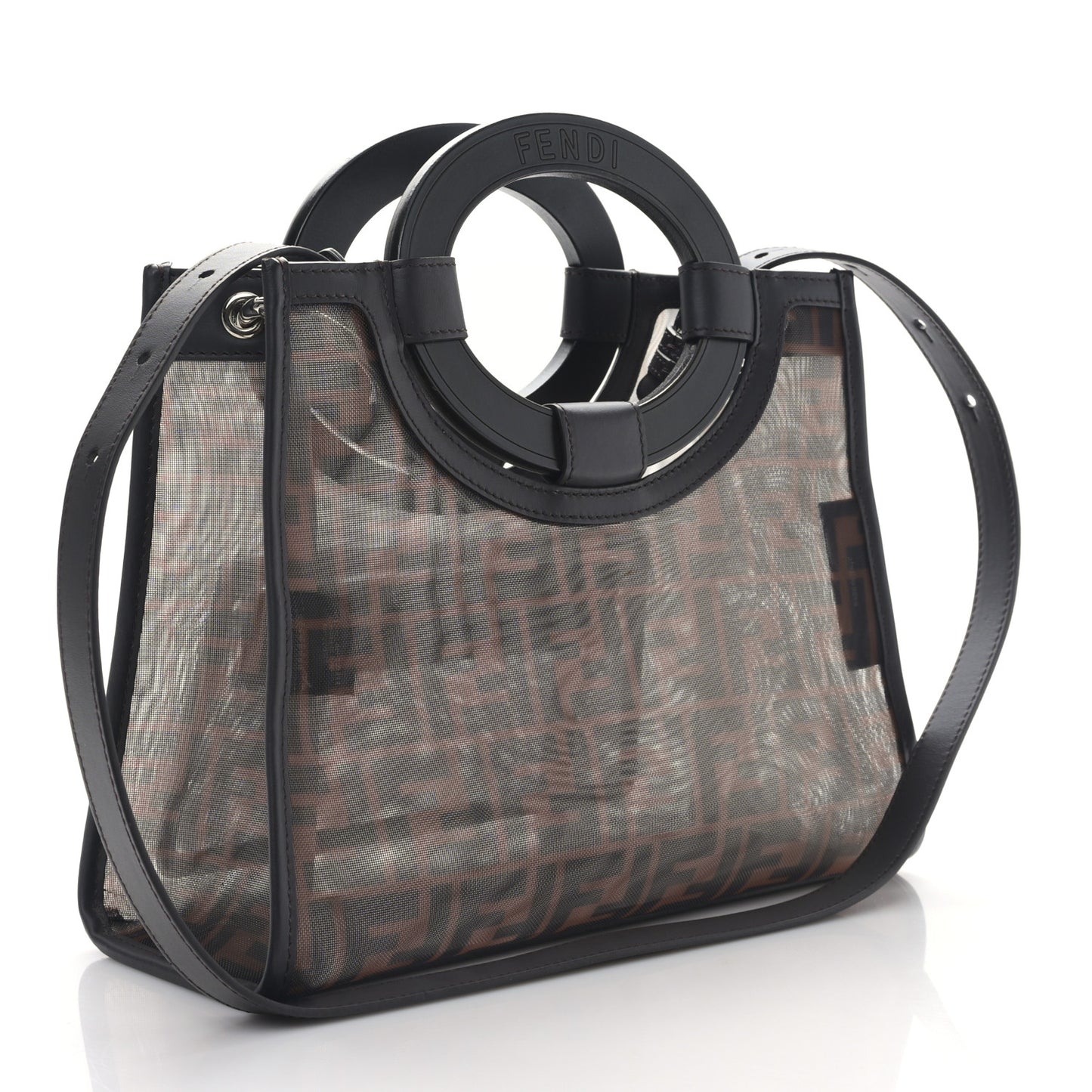 Mesh Vitello Century Cuoio FF 1974 Small Runaway Shopper Tote Marrone Black Ebano