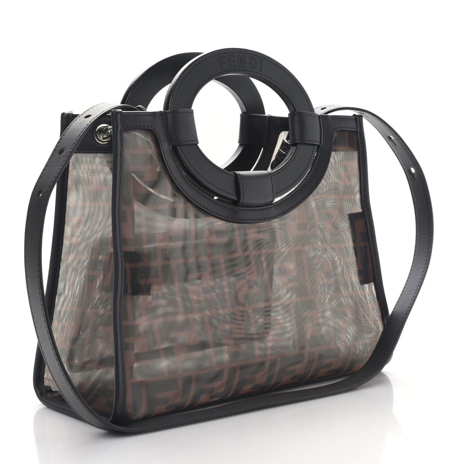 Fendi Mesh Vitello Century Cuoio FF 1974 Small Runaway Shopper Tote Marrone Black Ebano 3 of 8