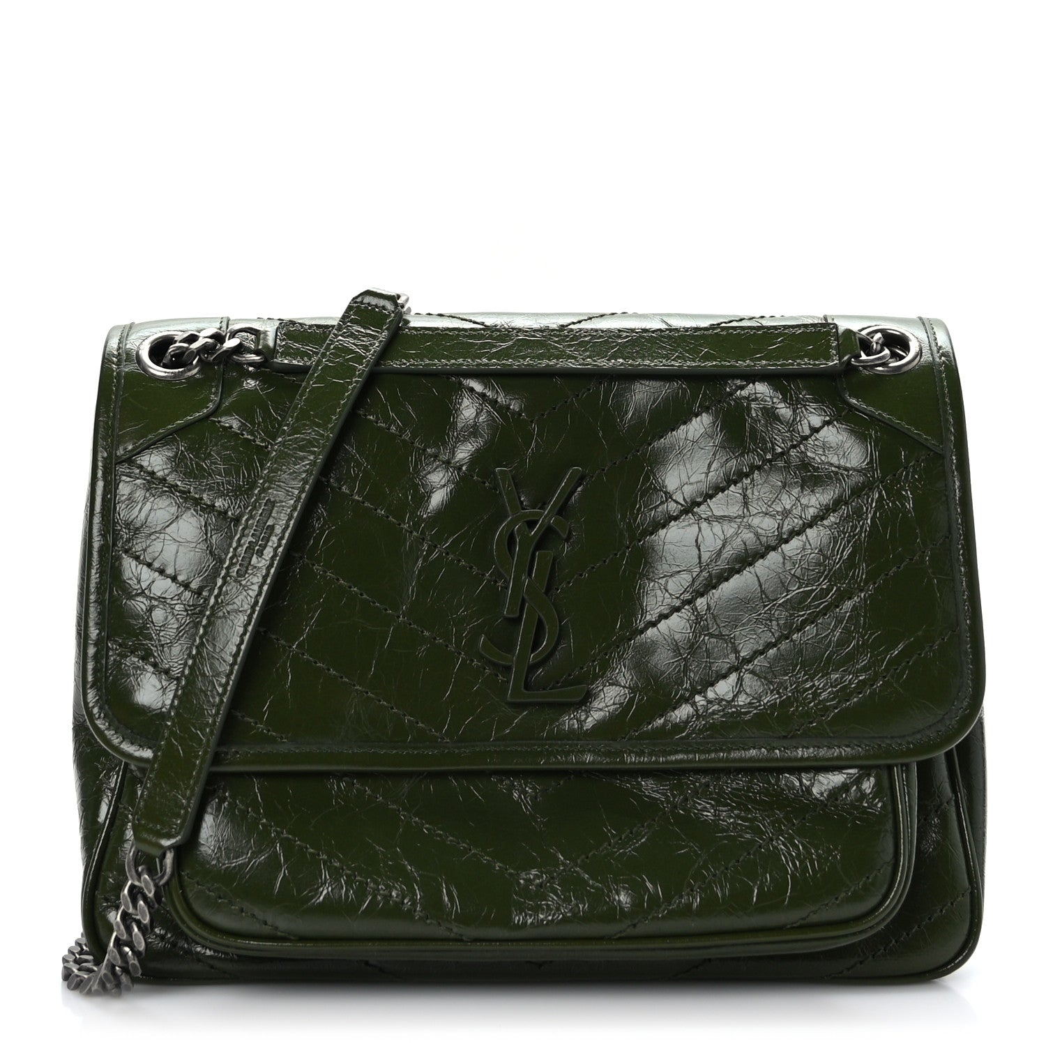 Saint Laurent Crinkled Calfskin Matelasse Monogram Medium Niki Chain Satchel Dark Pine 1 of 9