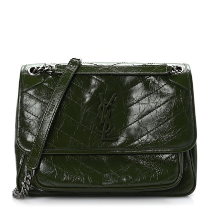Saint Laurent Crinkled Calfskin Matelasse Monogram Medium Niki Chain Satchel Dark Pine 1 of 9
