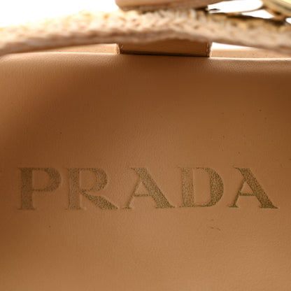 Prada Yarn Raffia Effect Metal Triangle Logo Crochet Monolith 55mm Cage Sandals 38 Naturale 8 of 9