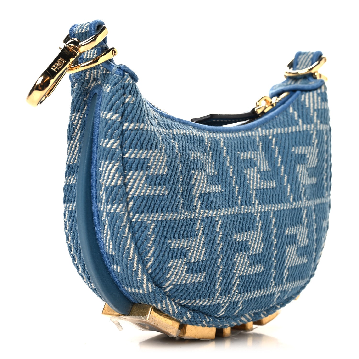 Fendi Denim Effect Fabric Jacquard FF 1974 Nano Fendigraphy Hobo Charm Blue White 3 of 10