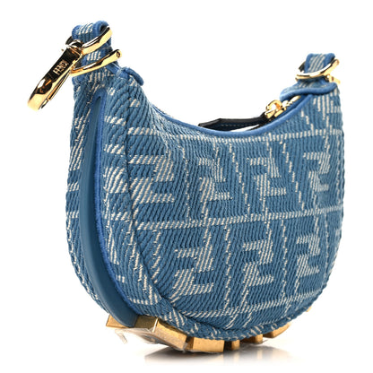 Fendi Denim Effect Fabric Jacquard FF 1974 Nano Fendigraphy Hobo Charm Blue White 3 of 10