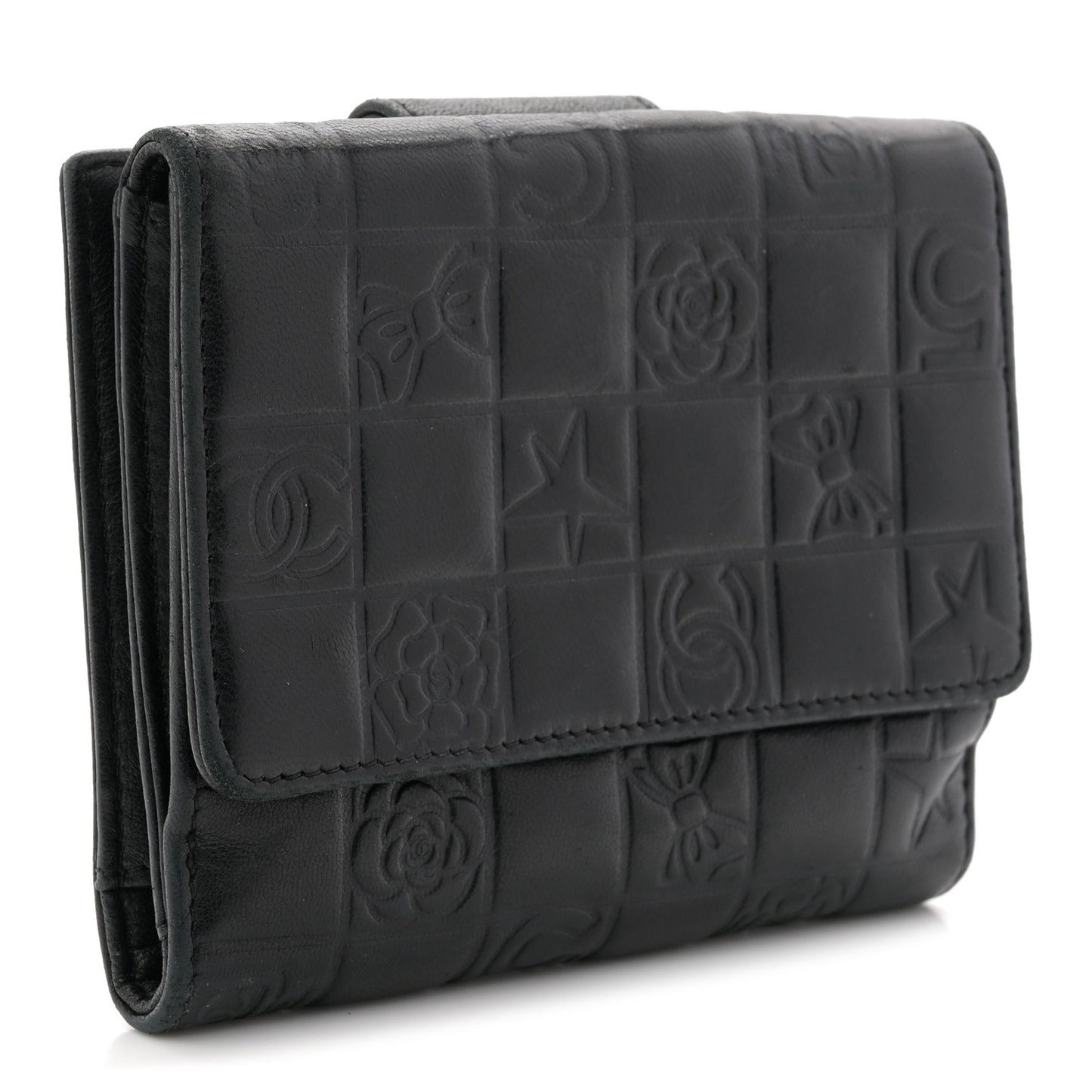 Calfskin Lucky Symbols Compact French Flap Wallet Black