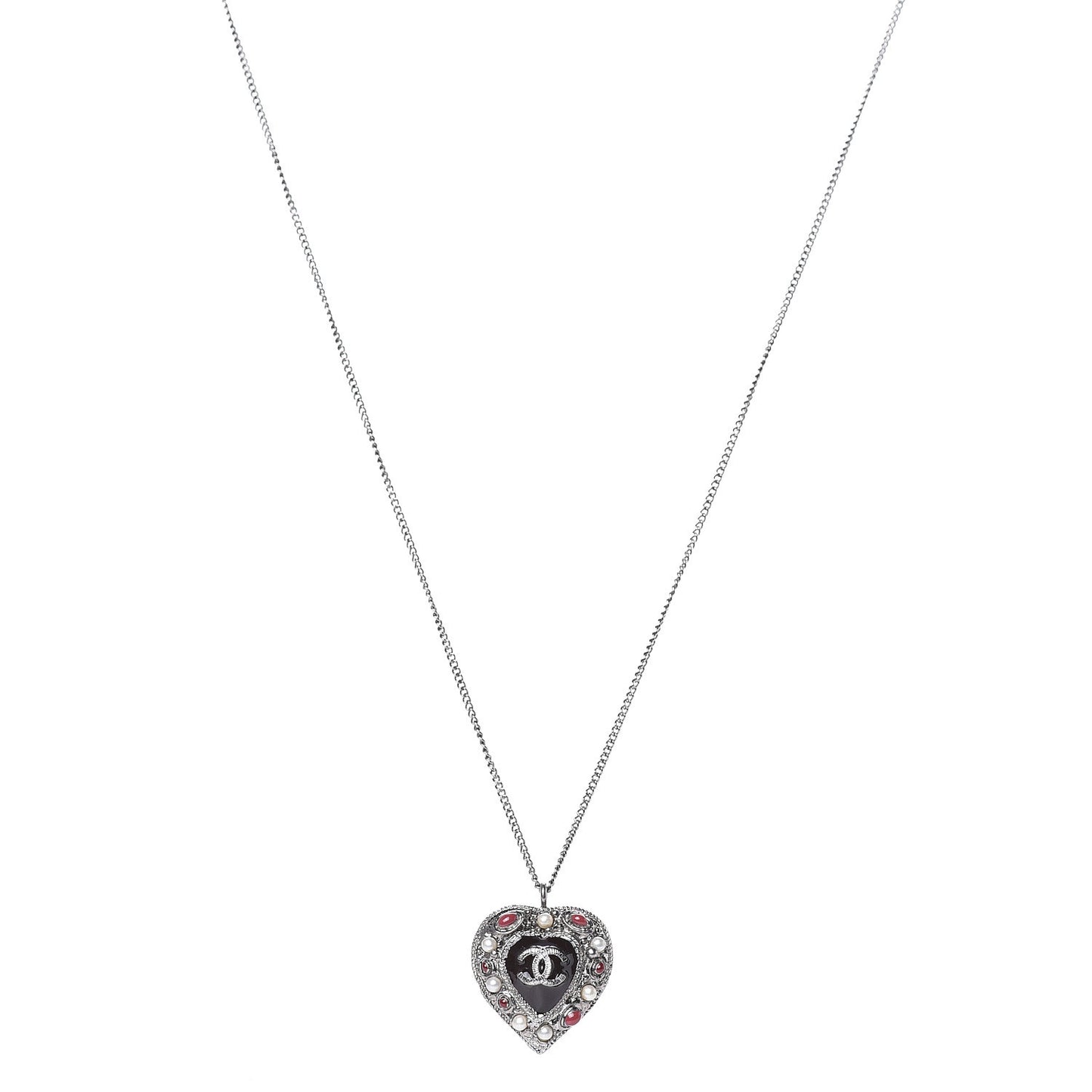 Pearl Enamel Heart CC Necklace Pendant Silver